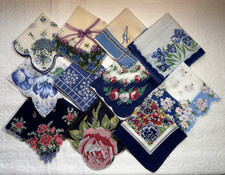 VTG Ladies Hankies Lot of 11 Dark Navy Florals, Scallops, Hand Crocheted Edgings