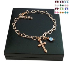 Rose Gold Heart Link Bracelet with Cross and Birthstone, for Women and Girls