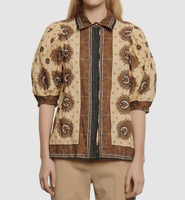 $593 Sandro Paris Women's Beige Short-Sleeve Button-Down Blouse