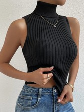Women Basics Solid Turtleneck Knit Knit Top Femme High Stretch Sleeveless