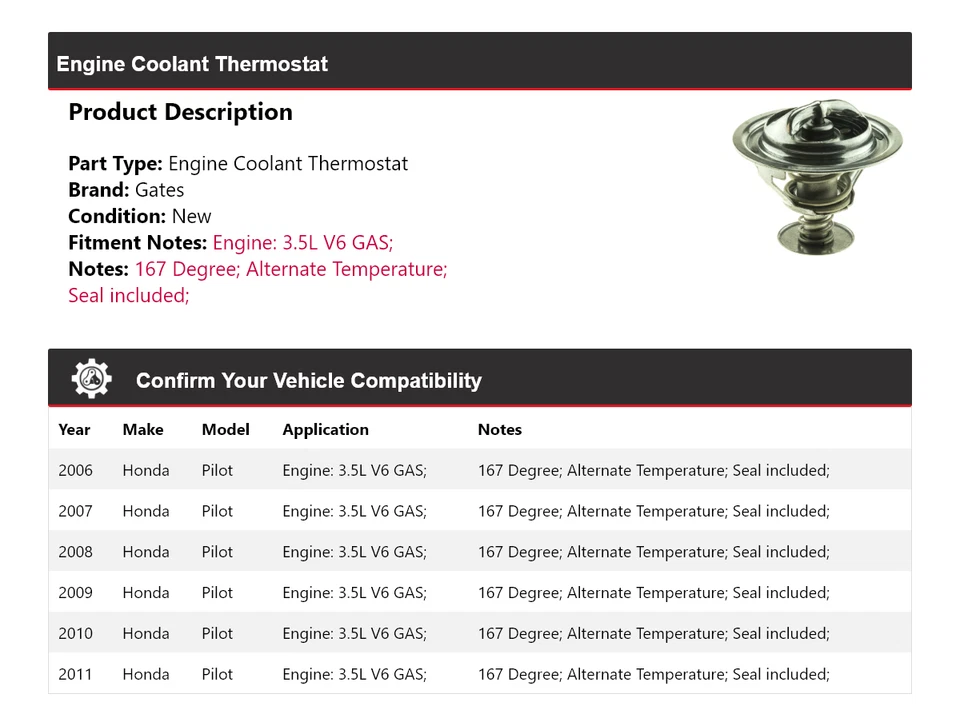 Para Honda Pilot 2006-2011 3,5 L V6 motor gas refrigerante termostato puertas 2007 2008 Foto 2 de 4