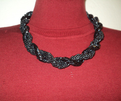 Necklace Czech Seed Bead Twisted Strand Rope Black 18'' L + 2.5'' Extender Vintage
