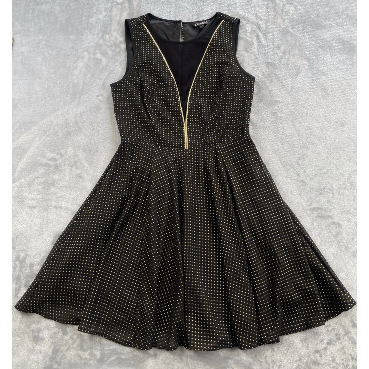 Express Dress Womens Black Gold Studded Fit Flare Mini Party Cocktail