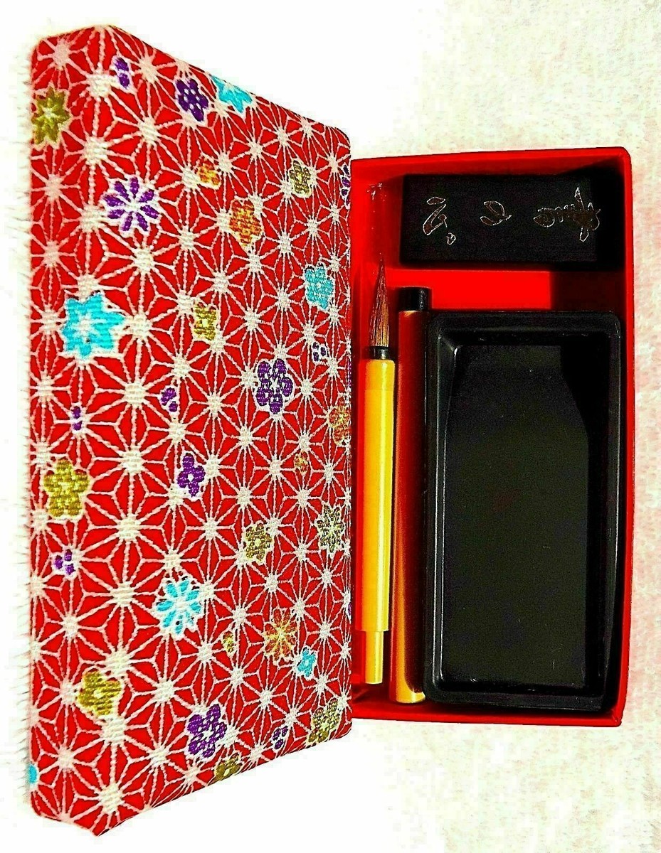 🈹Japanese Shodo,Mini Calligraphy InkStone Sumi Set Art Brocade