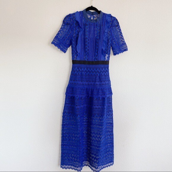Self Portrait Short Sleeve Geometric Lace Midi Dress Cobalt Blue Size  US2/UK6 | eBay