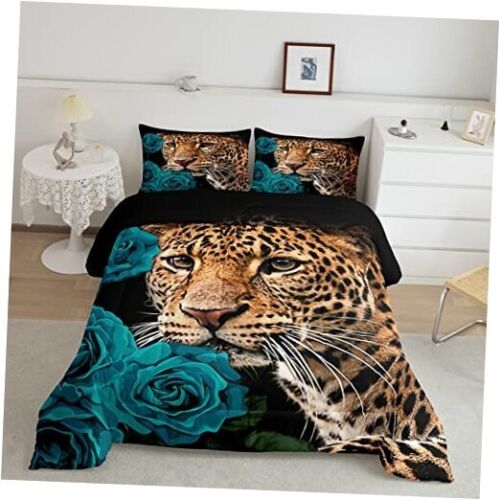 Teal Rose Cheetah Bedding Set,Cat Leopard Print Comforter Set Queen Multi 05