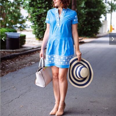 Madewell Chambray Sunstitch Tunic Dress Blue White Embroidered BOHO Womens  S