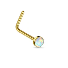 Nose L Bend Ring Opal White 2.5mm Head Gold IP20 Gauge 1/4"  
