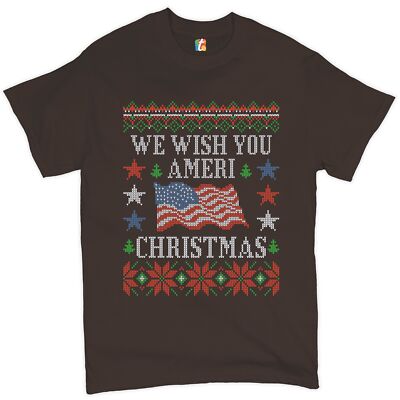 We Wish You Ameri Christmas T-shirt Ugly Sweater Theme US Flag Men's Tee