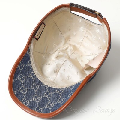 NEW GUCCI GG Monogram Denim Leather Trim Baseball Cap Hat Size M