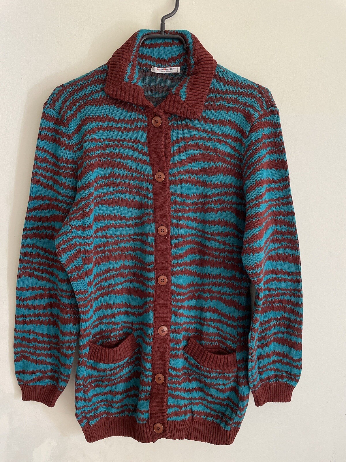 Cardigan Maglione Saint Laurent YSL riva sinistra retrò anni '80 onde verde marrone 42 M