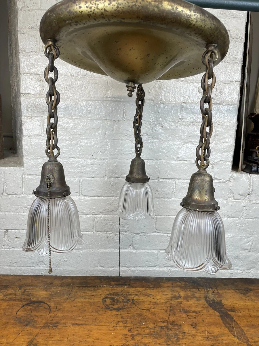 C.1915 Brass Flush Mount Ceiling Light Pull Chains Brass Chains