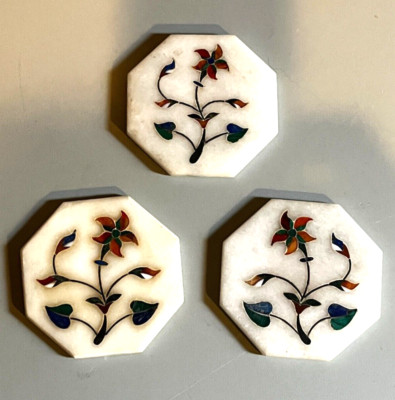 3 Pietra Dura Marble Tea Coaster Coffee Hot Beverage Floral Inlay Mosaic Tiles