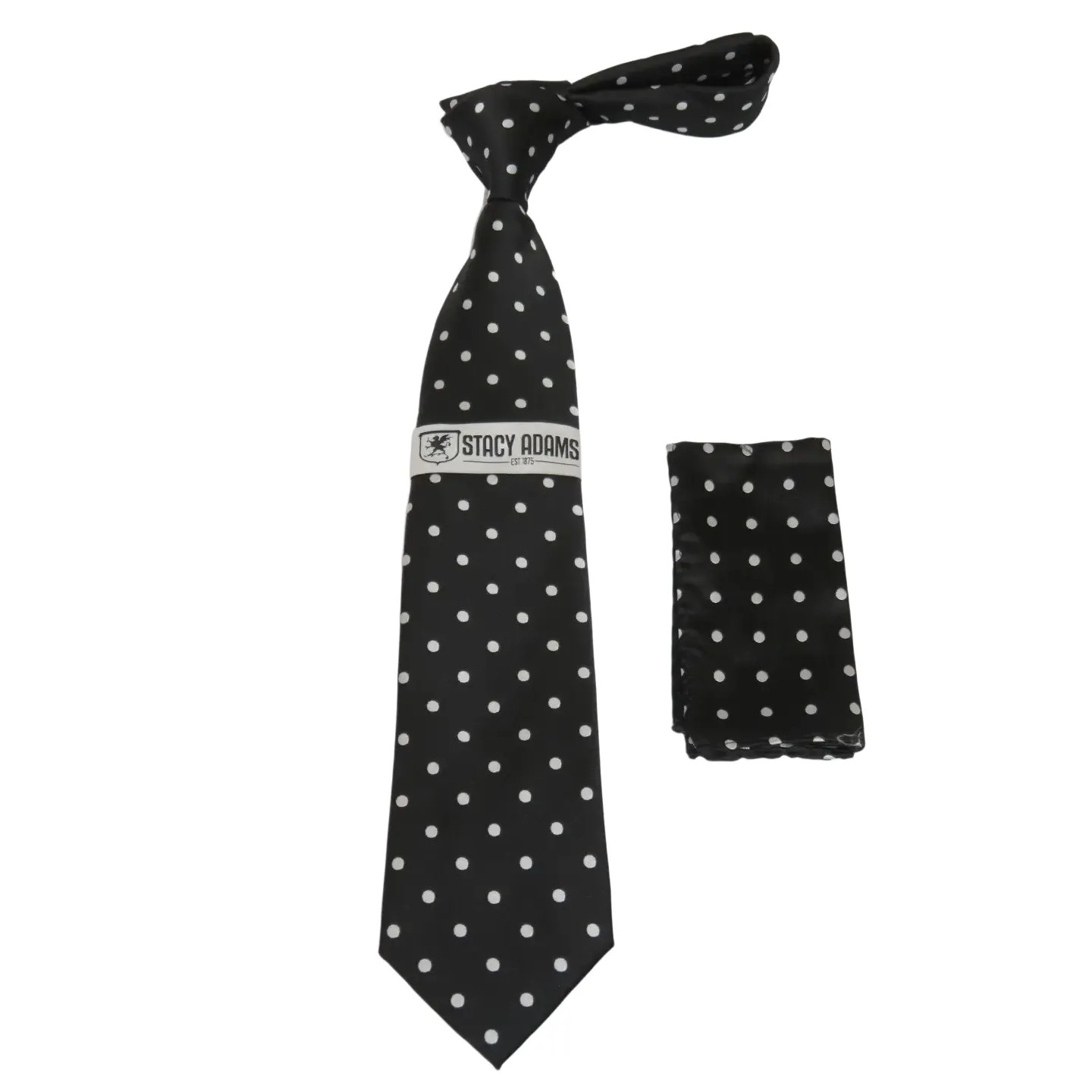 Mens Stacy Adams Tie and Hankie Set Woven Silky Satin SAT129 Black Polka Dot 6090₽