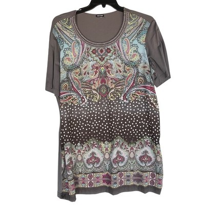 Gerry Weber Womens Grey Paisley Polka Dot Embellished Scoop Neck T-Shirt Top