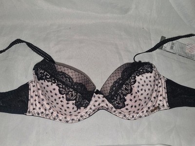 BNWT Gorgeous Black pink MATALAN Padded Underwired Bra Size 32B
