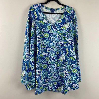 Liz & Me Floral Paisley Long Roll Tab Sleeve Top Size 5X Blue Green Cotton V Nck