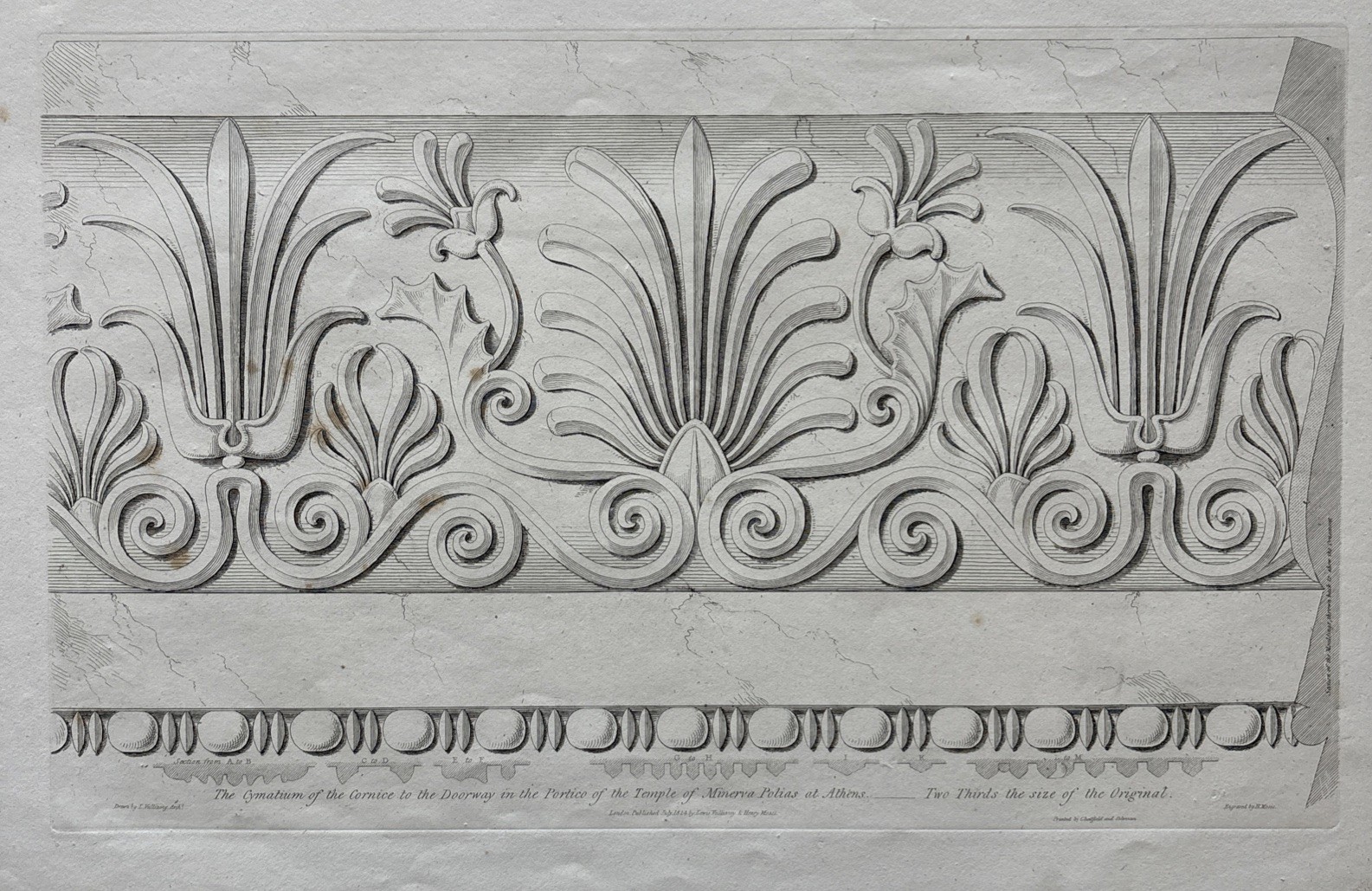 Antigua cornisa griega arquitectónica de 1823 grabado Lewis Vulliamy Henry Moses