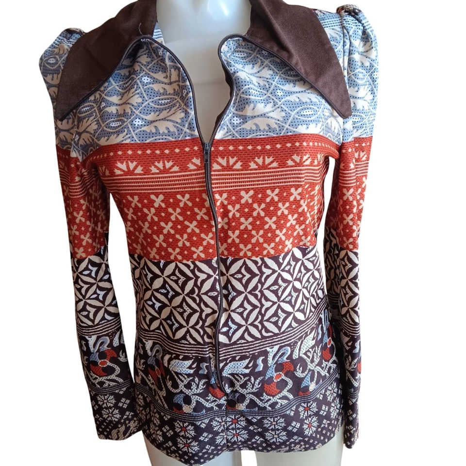 Vintage Small Scandinavian Top 1OF1 Print Zip-Up 1970's Boho Big Collar Handmade - Image 2 of 4