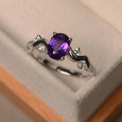 1.37 Ct Oval Cut Natural Amethyst Diamond Ring 14K White Gold Ring Size 6