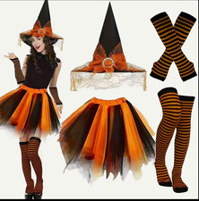 Witch Costume Set Complete Outfit One Size Black/Orange Tulle Skirt Hat Striped