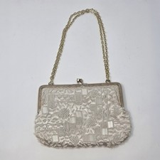 Vintage La Regale Beaded Evening Purse Ivory Satin Kiss Lock Hong Kong Wedding