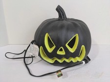 Black Foam Blow Mold Pumpkin Green Light Up Scary Face Jack O Lantern