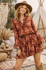 SCOTH & SODA Dress Palm Print Brown Lace Up Long Sleeve Boho Artsy Size M