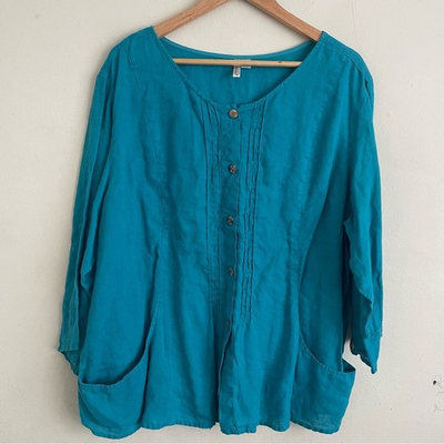 #ad Kleen 100% Linen Teal Button Down Blouse Size 2X Lagenlook Boho Lightweight $30.00