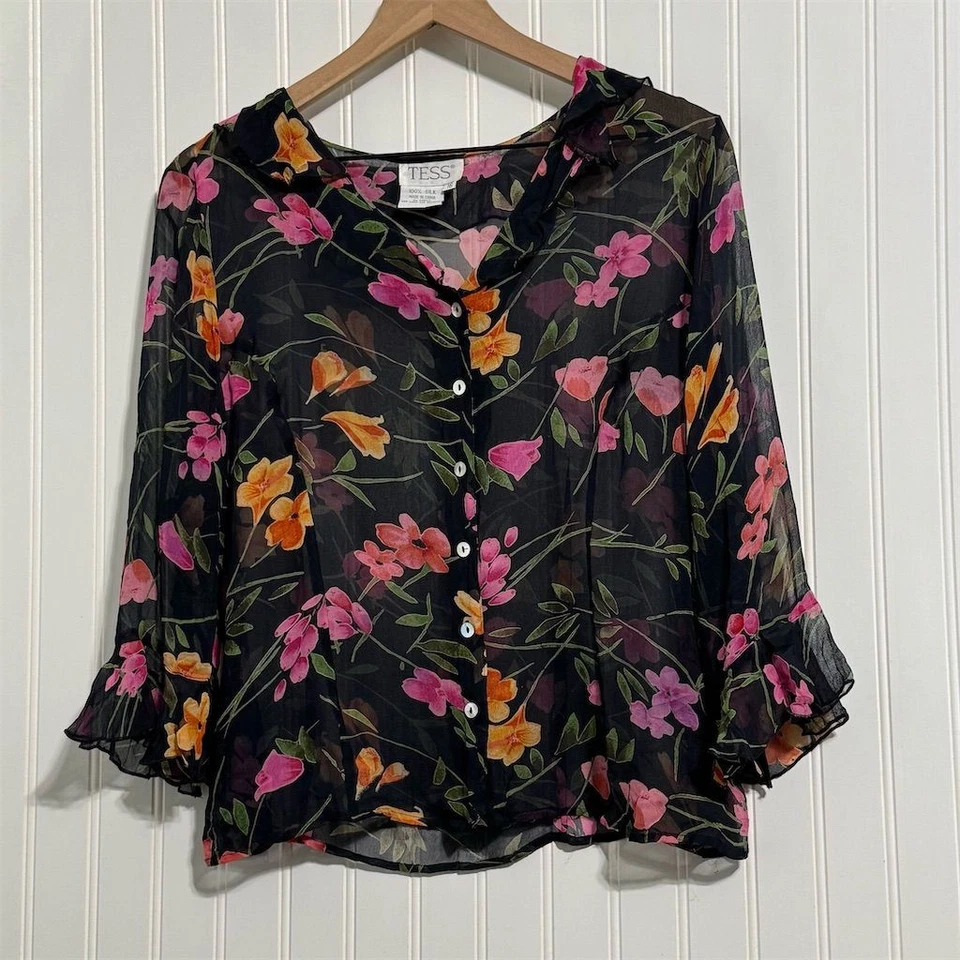 Blusa de Colección Y2K Tess 100% Seda Volantes Floral Chifón Transparente Top Negra Talla 16 XL Foto 2 de 4
