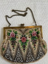 Antique 1920s Art Deco Micro Beaded Purse Roses Jeweled Frame Fringe Bag