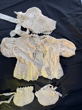 Vintage Crochet Baby Sweater Bonnet  Booties - NICE 