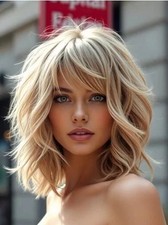 100 Human Hair New Women's With Bangs Golden Blonde Layered Cut Wavy Wigs 12 In