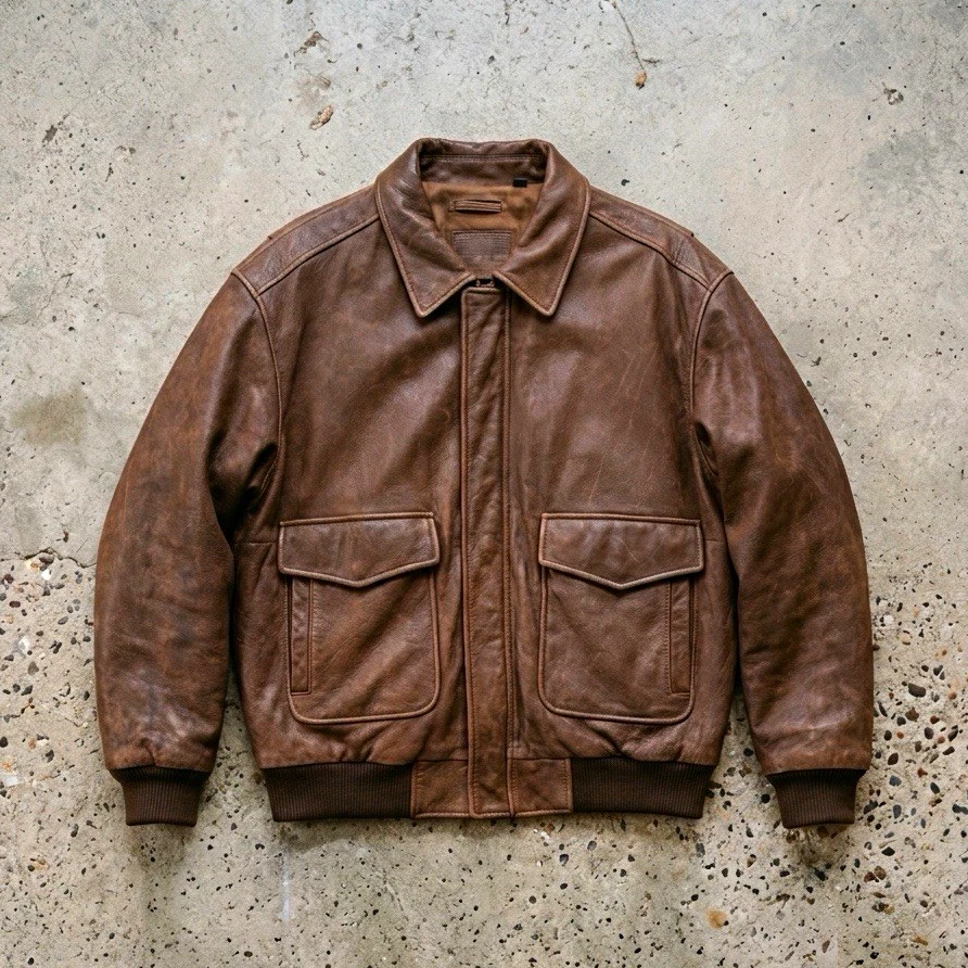 Roundtree & Yorke Men's Brown Genuine Leather Bomber Jacket Lined Zip 3XL - product detail image 1