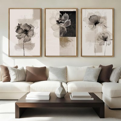 Oversized Framed Black Abstract Neutral Wall Art 24x36 Inch Large Modern Beig...