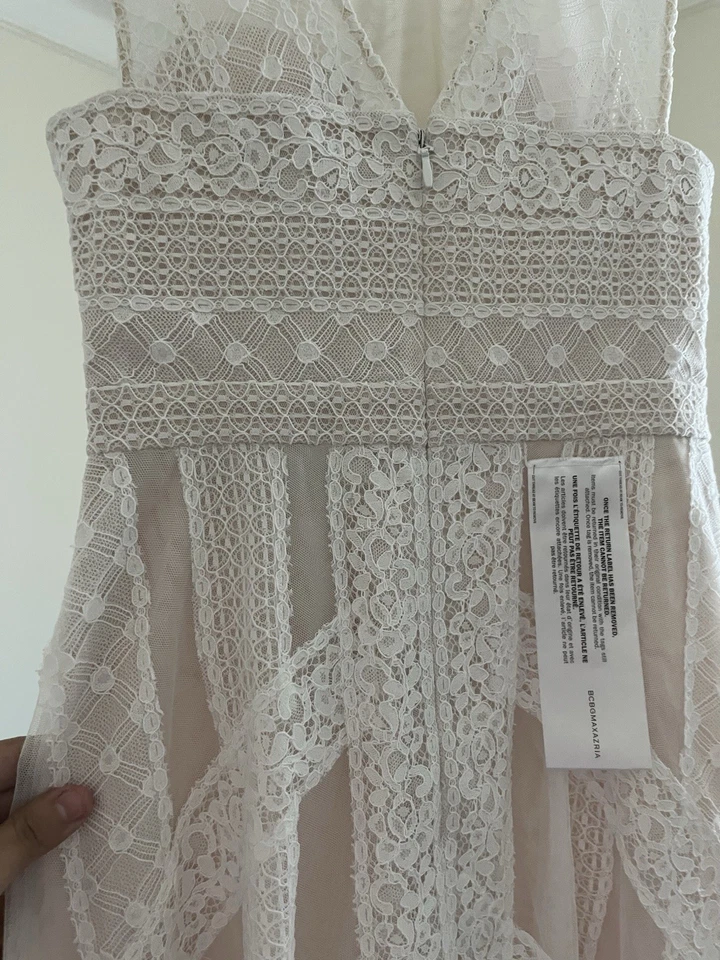 NWT BCBG MaxAzria Andi in Off White Nude Lace Handkerchief Hem Sheer Dress 2 - Image 4 of 4