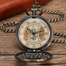 Bronze Engraved Skeleton Pocket Watch Hand-Wind Mechanical Roman Numeral Dial