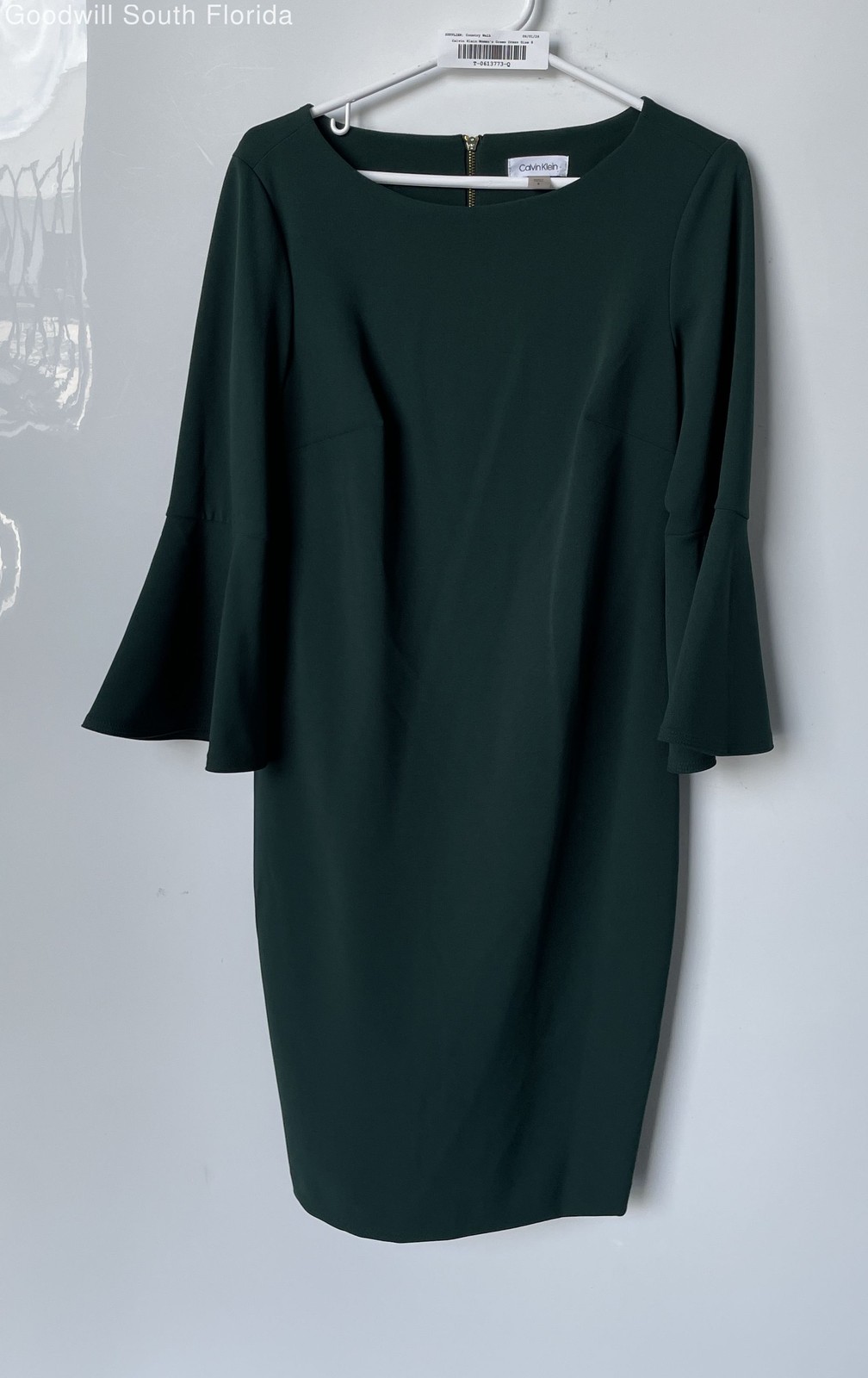 Calvin Klein Womens Green 3/4 Bell Sleeve Boat Neck Back Zip Sheath Dress Size 8