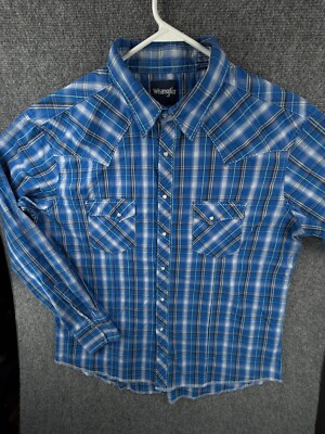 Wrangler Blue 2XL Men Long Sleeve Pearl Snap Up Shirt Woven Western Plaid Adult