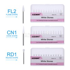 AZDENT Dental White Stone Polishing Burs FG Aluminum Oxide Flame/Cone/Round