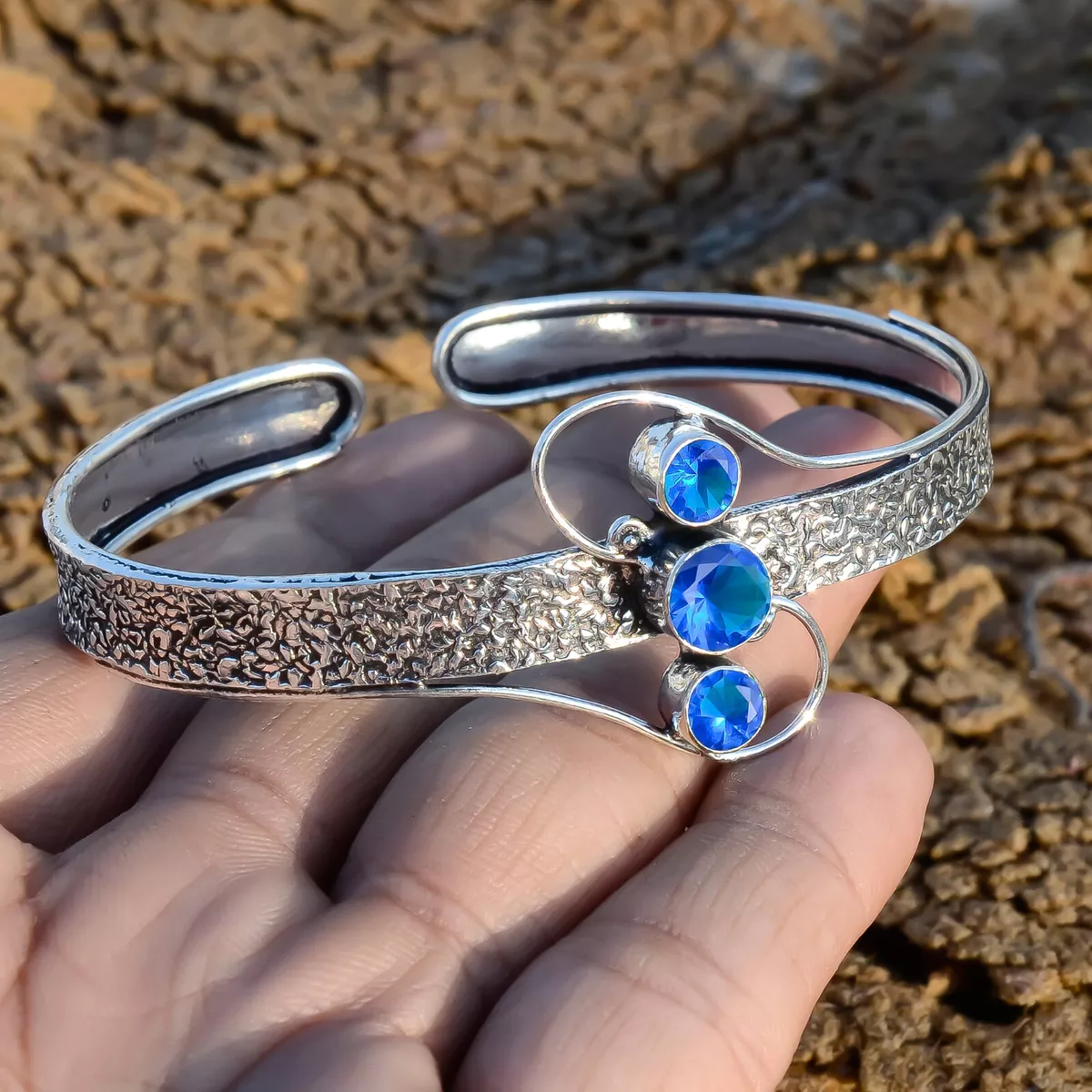 3 Stone Tanzanite Gemstone Bracelet 925 Sterling Silver Friendship Cuff Bangle