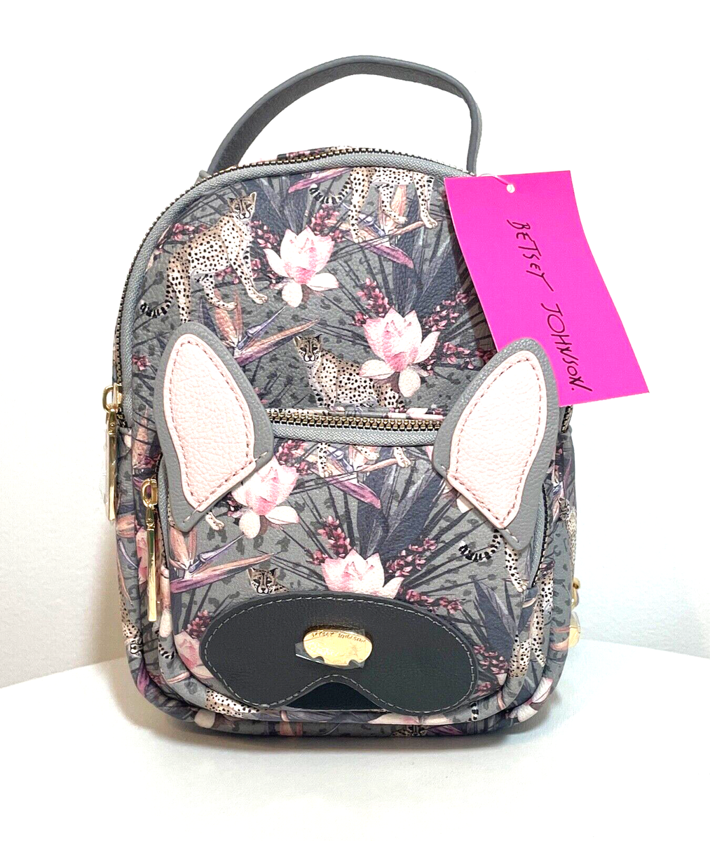 BETSEY JOHNSON Backpack GRAY PINK Cheetah Print Bunny Ears