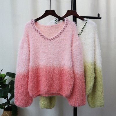 Womens Gradient Colors Rhinestones V Neck Faux Fur Pullover Knitted Sweater Tops