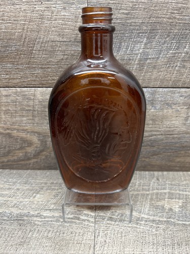 Log Cabin Special Collector's Flask 3-D Indian Head Glass Syrup Bottle