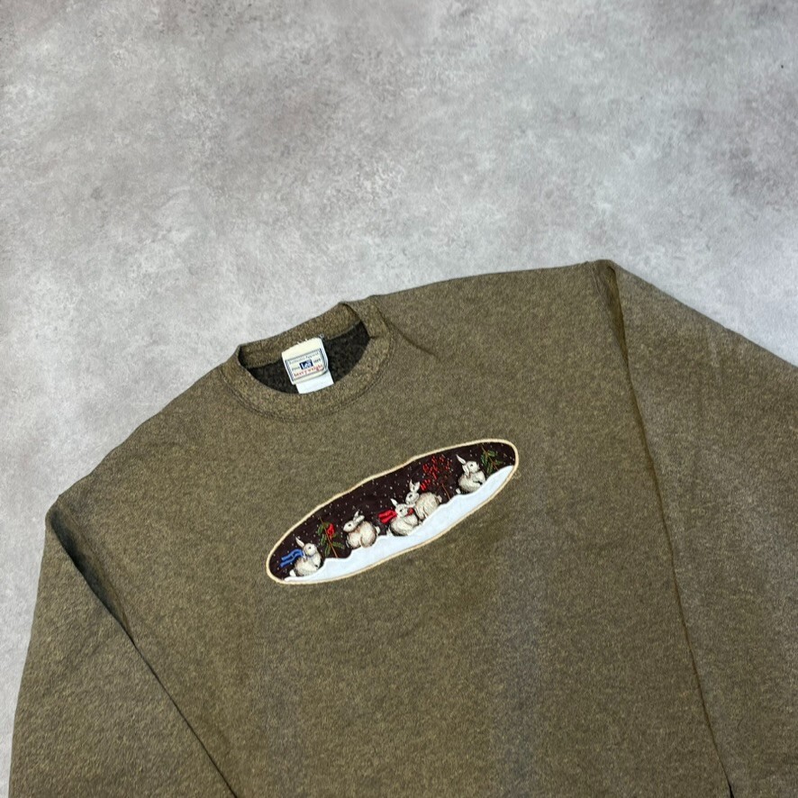 Lee Sweatshirt Mens Medium Christmas Rabbits Crew Neck Pull Over Jumper, Brown image 3