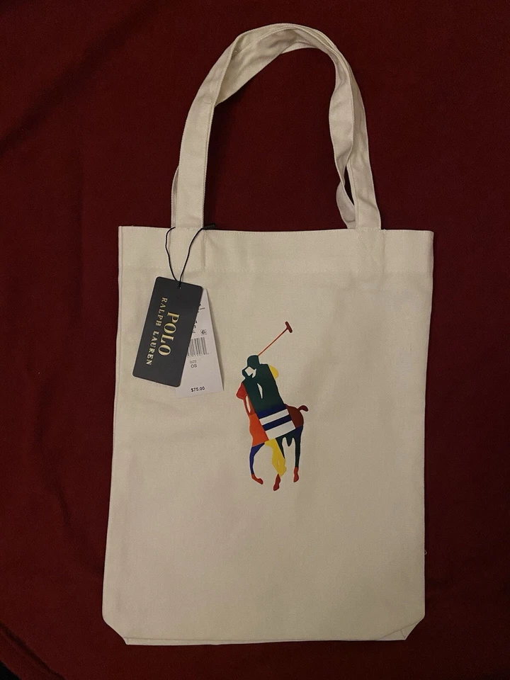 Polo Ralph Lauren Tote Bag White Cream Canvas Cotton - Tri-Color Rider Logo New - Image 2 of 4
