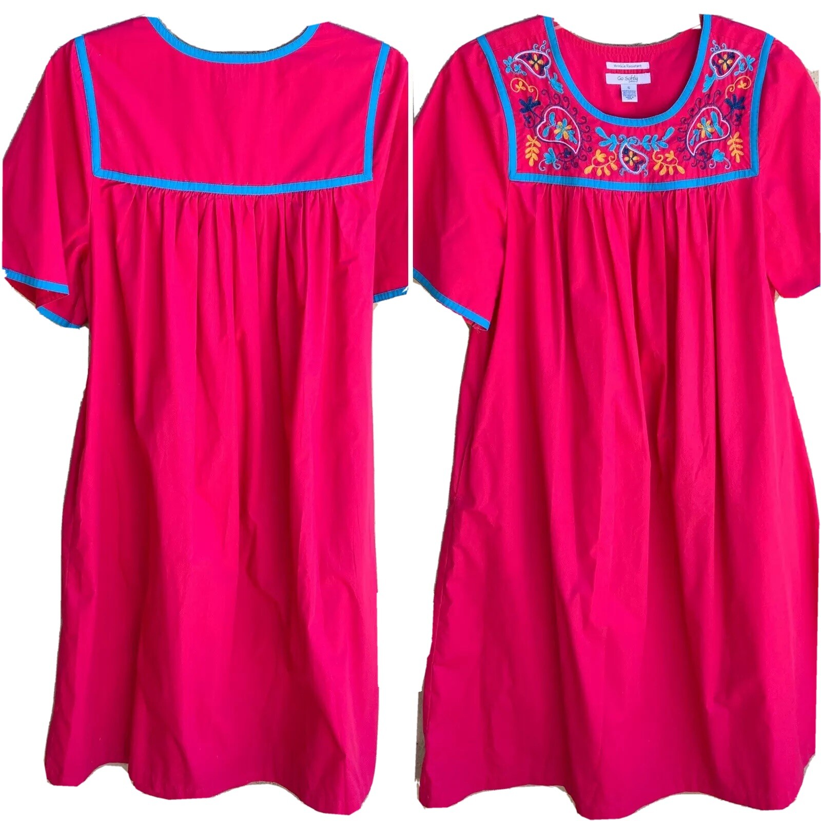 Go Softly Patio Dress Embroidered Hot Pink Muumuu Sz S Hippie Chic Boho Peasant eBay