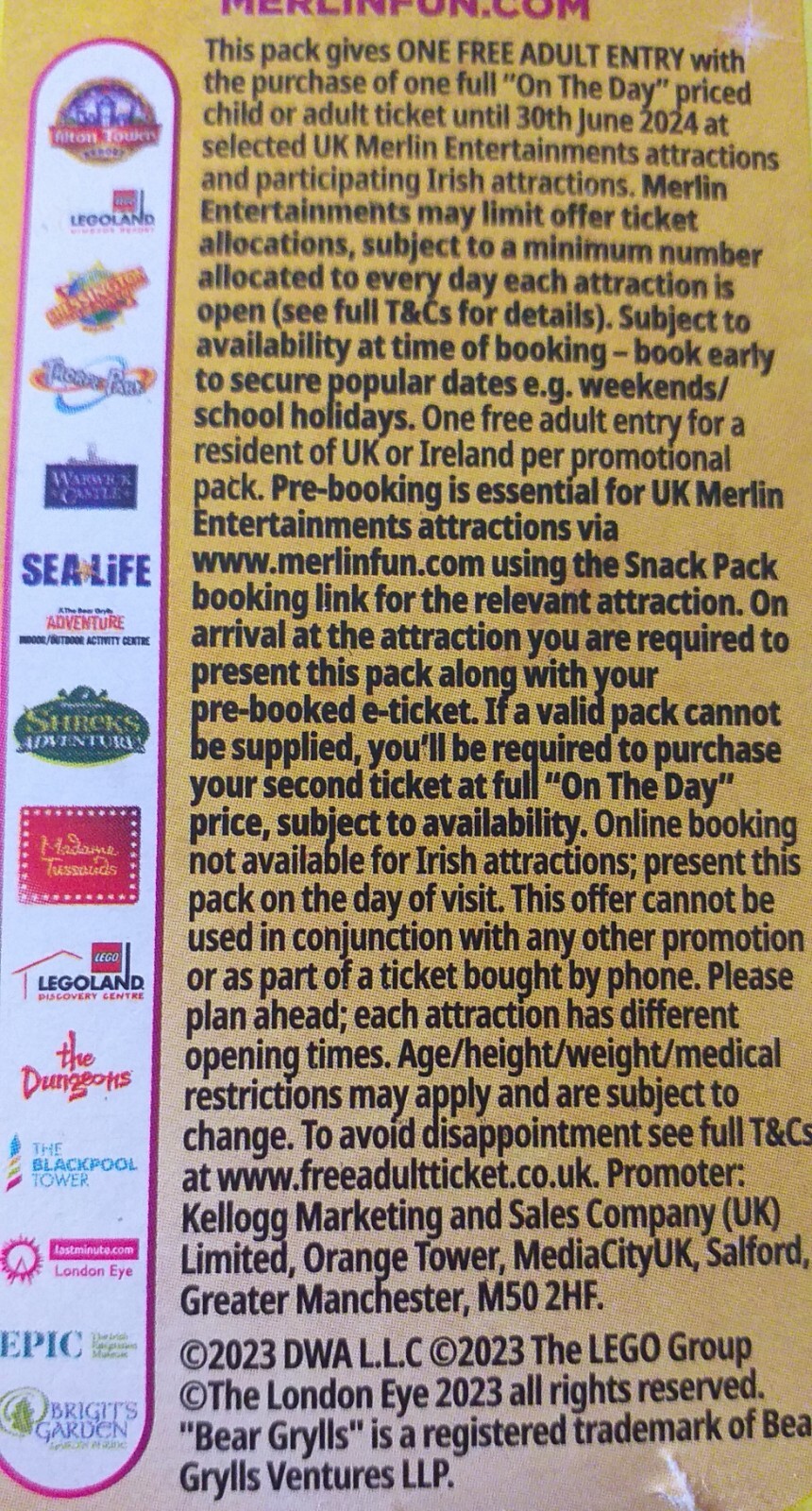 Kellogg's Voucher 1 free adult entry when buying 1 Child or Adult