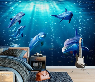 3D Ocean Dolphin ZHU709 Wallpaper Wall Mural Print Removable Self-adhesive Amy