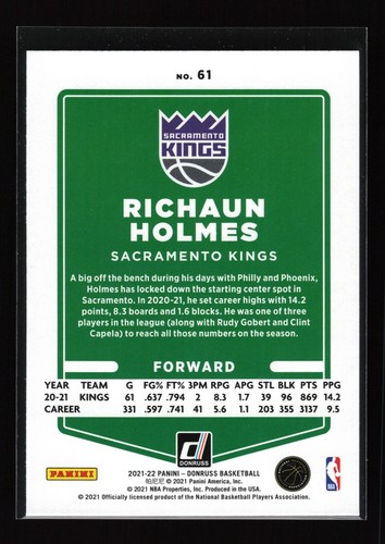 2021-22 Panini Donruss #61 Richaun Holmes (NM+)(BSK) - Picture 2 of 2